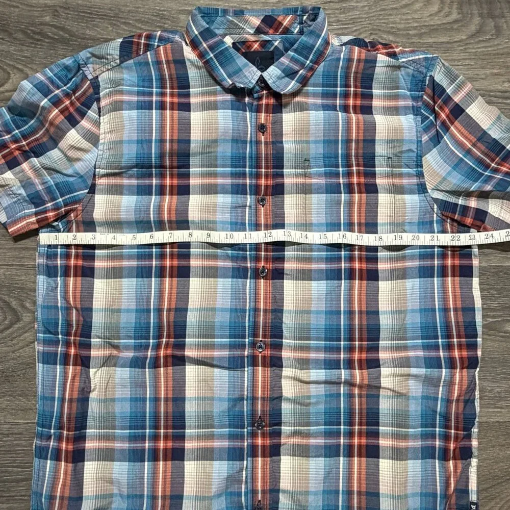PrAna Mens Large Plaid Short Sleeve Button Down Shirt Lightweight Breathable